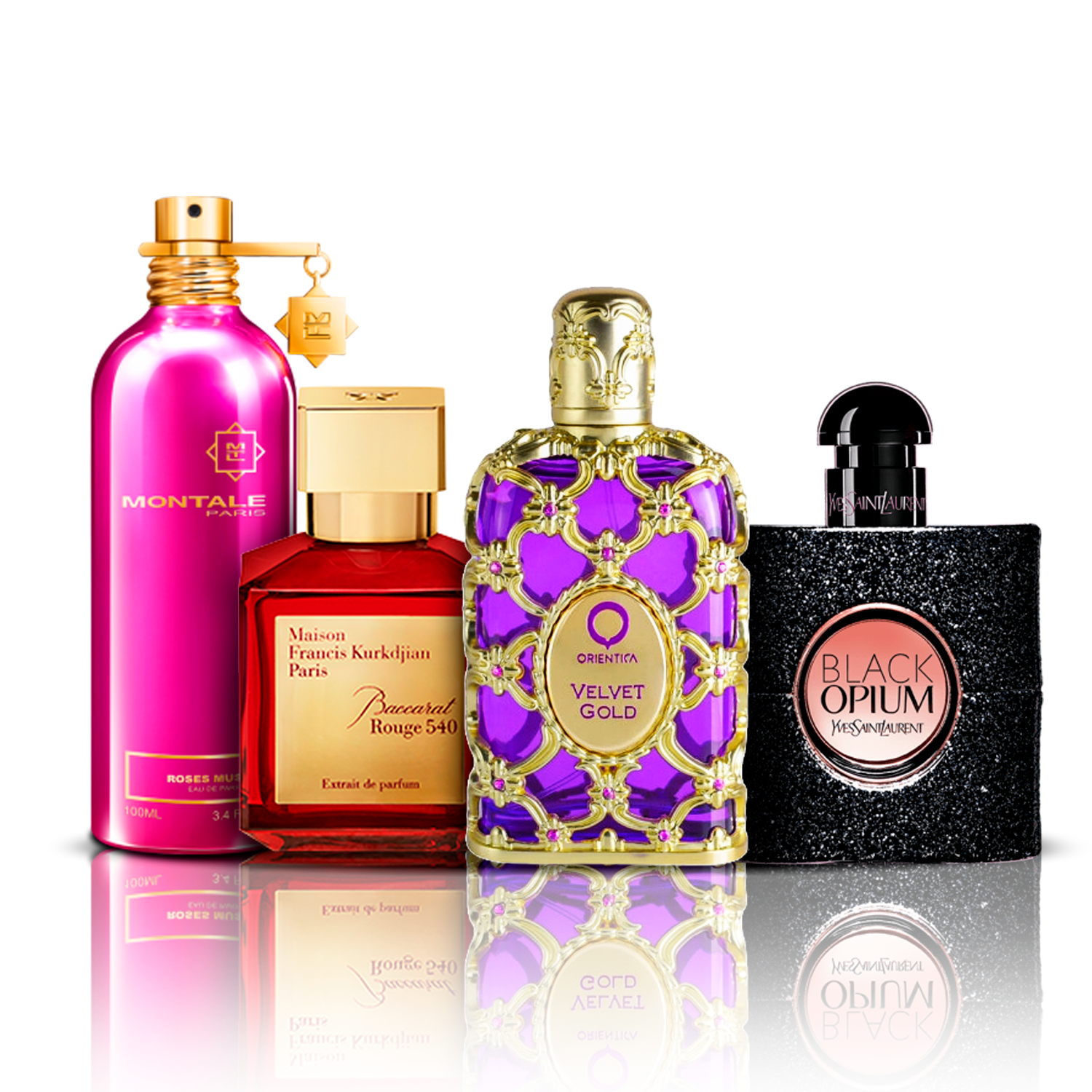 Sada 4 Parfémů | Orientica Velvet Gold + Baccarat Rouge + Black Opium + Montale Roses Musk 100 ml